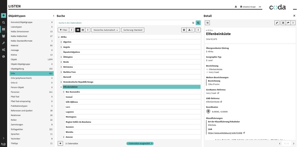 Screenshot einer Liste mit geografischen Begriffen in CODA