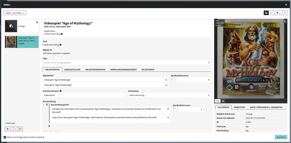 Screenshot eines Datensatzes im Editor in CODA